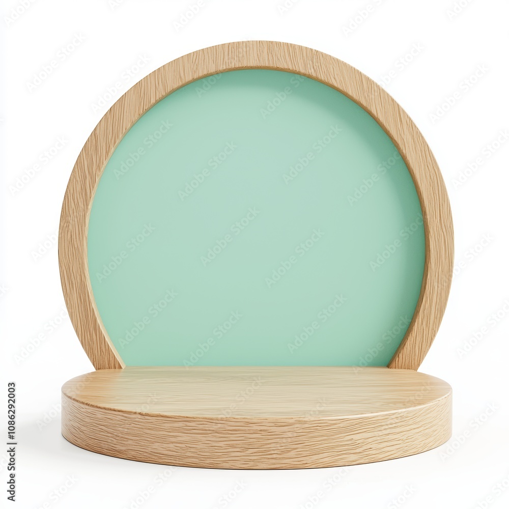 Poster 3d minimalist display stand with round wooden frame and soft mint background for elegant product pre