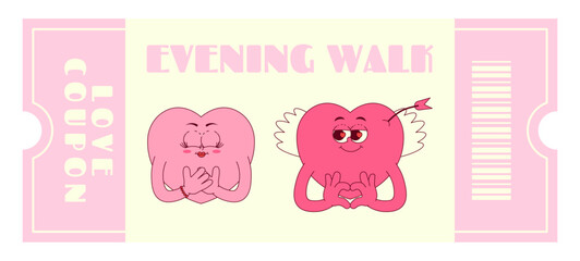 Love coupon with cute couple hearts characters in retro groovy style. A wish evening walk. Valentines day, February 14 and other love holiday. Horizontal vector illustration