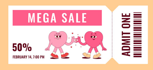 Colorful mega sale coupon. Cute and lovely heart character in retro groovy style. Offer details, barcode, admit one and other. Flat vector illustration, horizontal banner, flyer, poster