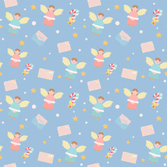 Whimsical pattern with angels and Christmas elements. Vector illustrations.