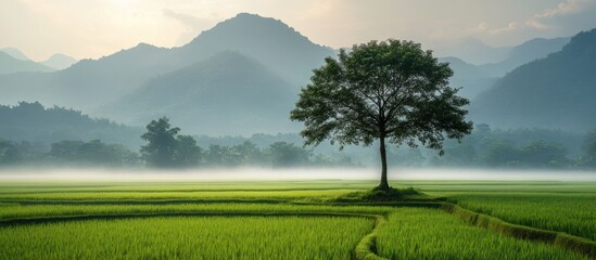 A lone tree stands tall in a misty green rice paddy field with a mountain range in the background.