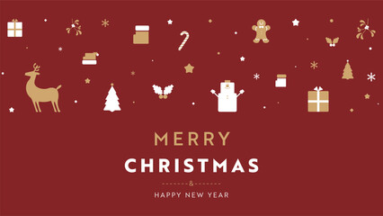 クリスマスをモチーフにしたシンプルなアイコンで飾られたクリスマスの背景テンプレート（赤）　Christmas background template decorated with simple icons with Christmas motifs (red)