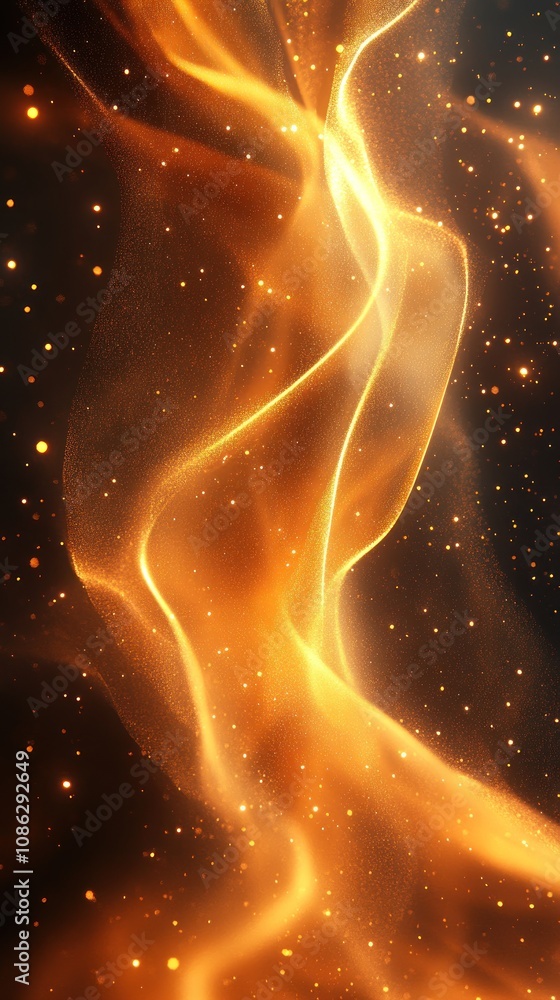 Poster abstract golden waves with sparkling particles in a dark background.