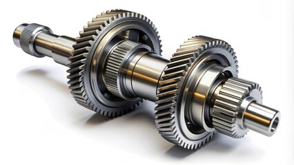 Shaft with gears from gearbox isolated on white background rendering , mechanical, engineering, industrial
