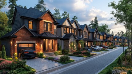 Scenic suburban neighborhood with modern houses and landscaped gardens.