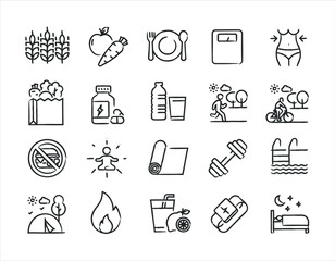 Healthy lifestyle hand drawn doodle sketch style line icons