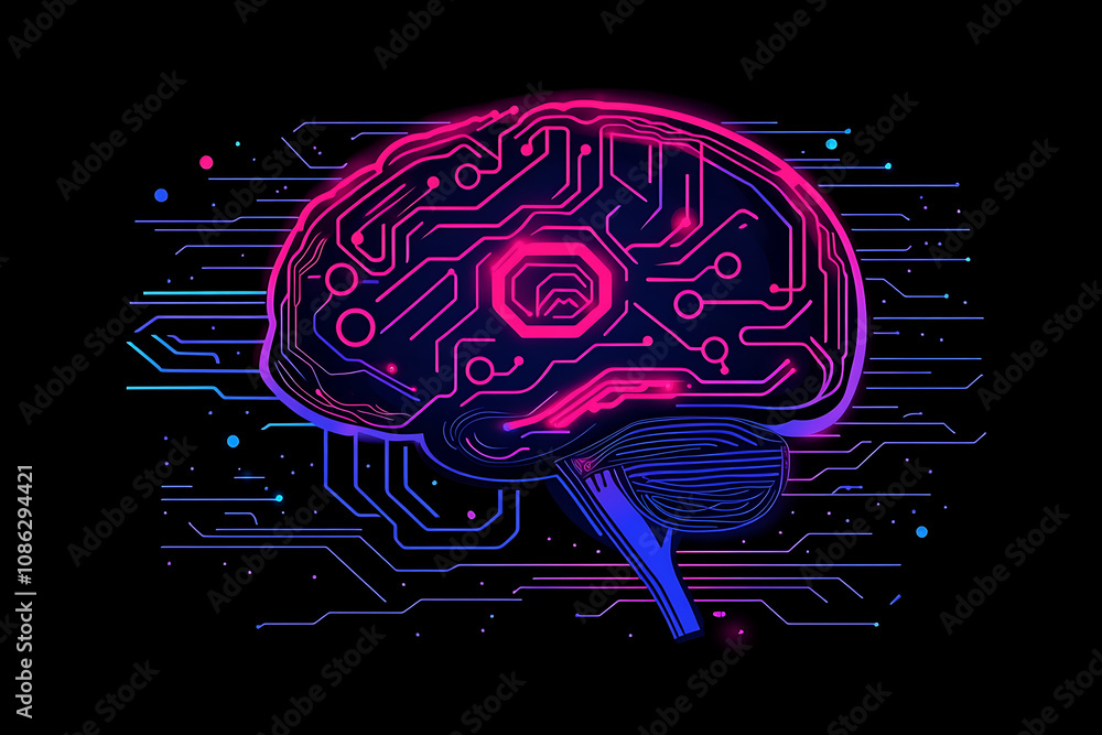 Poster a stylized brain design featuring circuit patterns, symbolizing technology and intelligence.