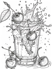 Coloring sketch of juice fruit splash in glass version 15