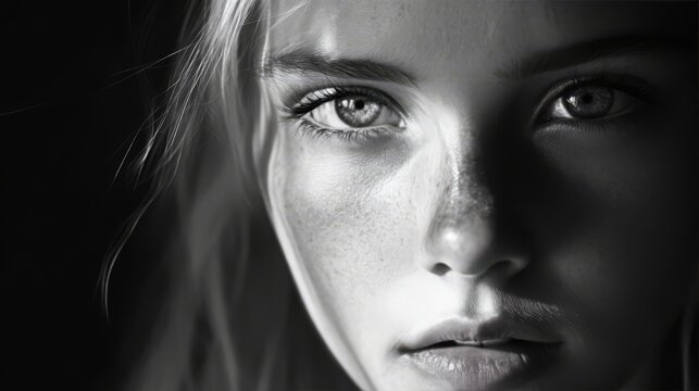 Close up black and white portrait of a young woman with freckles and intense eyes.