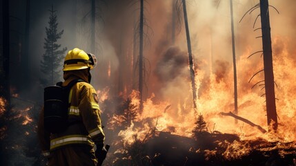Naklejka premium Brave firefighter in protective gear battling fierce forest fire amid thick smoke and roaring flames