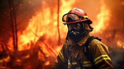 Obraz premium Dedicated Firefighter in Protective Gear Courageously Battling Raging Wildfire in Forest