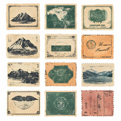 Illustration Vintage Stamp Collection Mountains Map Eagle Anchor
