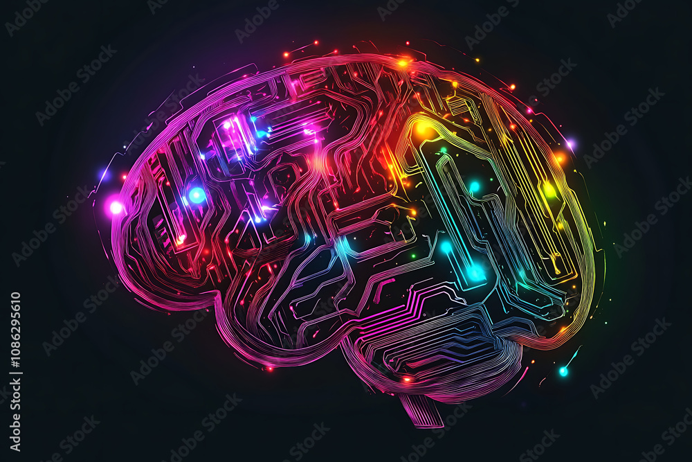 Poster a colorful, stylized brain with circuit patterns representing technology and intelligence.