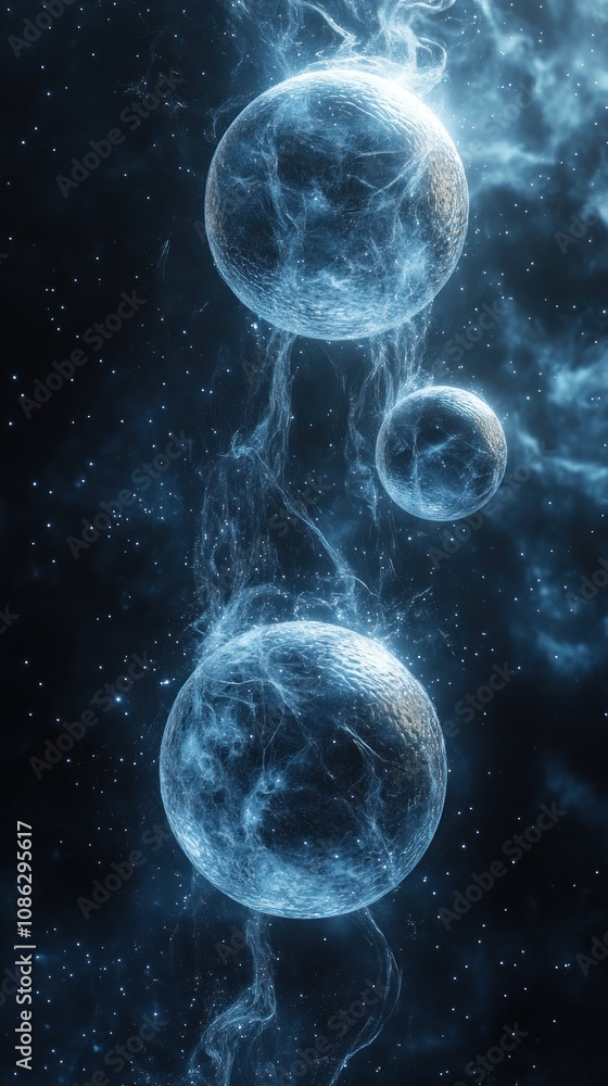 Poster abstract representation of celestial spheres in a cosmic setting.
