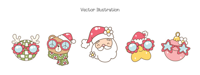 Groovy Chistmas Banner with Santa and Friends. Vector illustration