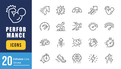 Set of Performance Related Vector Line Icons. Contains such Icons as Power, Speed, Graph, Sprint, Boost, Brain, Gain and more. Editable Stroke.