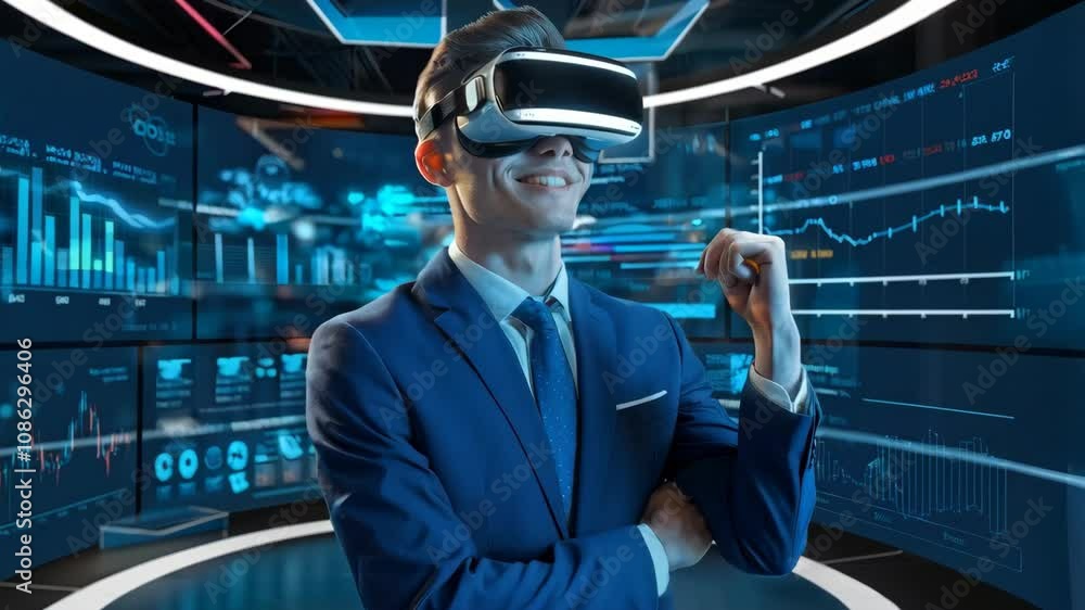 Poster a businessman wearing a vr headset in a high-tech data visualization environment.