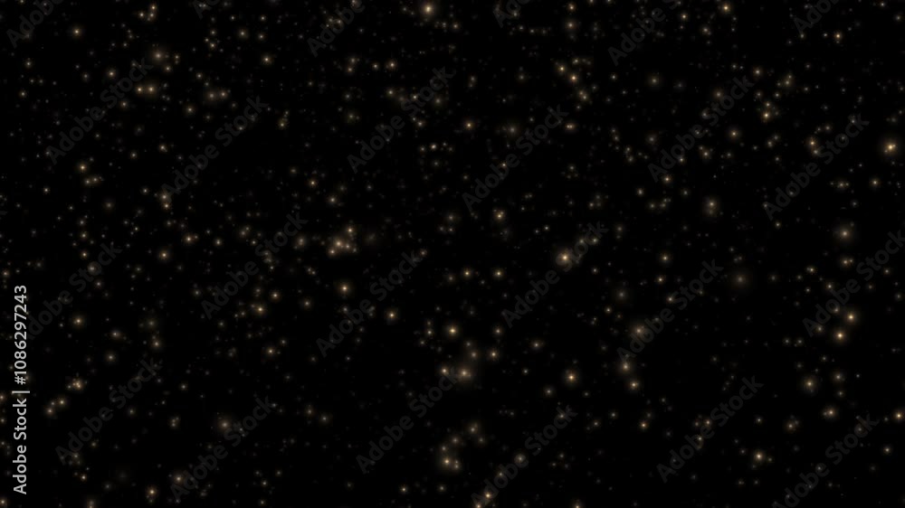 Poster abstract animation loop floating glow gold stars dust particles flow up on black background. 4k 3d s