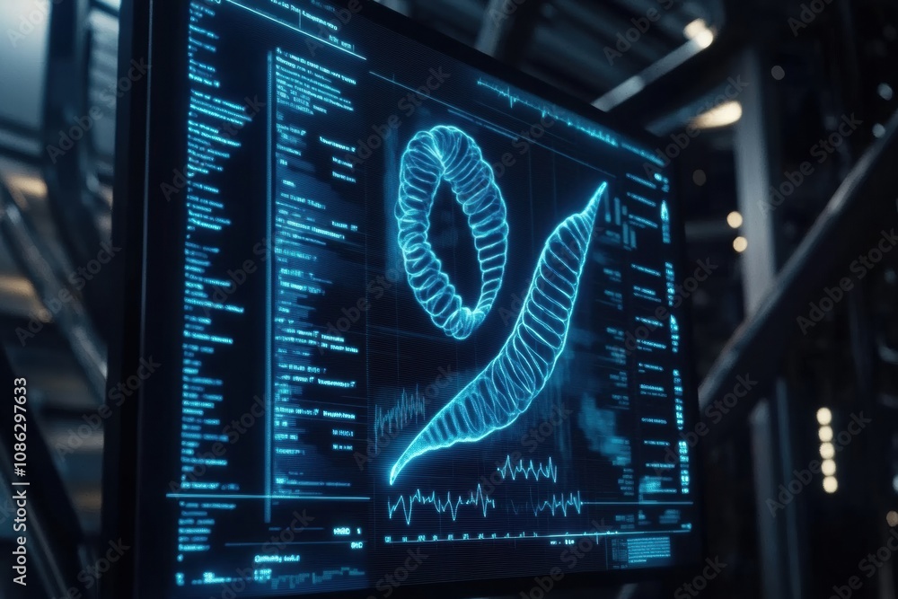 Leinwandbilder A digital display shows intricate DNA sequences with data analysis in a contemporary lab, highlighting advanced research techniques. Generative AI