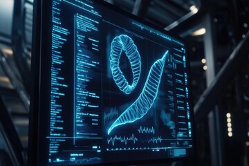 A digital display shows intricate DNA sequences with data analysis in a contemporary lab, highlighting advanced research techniques. Generative AI