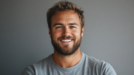Obraz premium Happy man smiling, portrait, grey background.