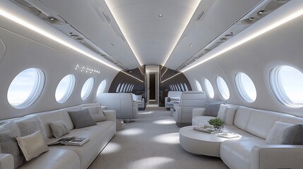 Obraz premium Luxurious private jet interior cabin with comfortable seating, coffee table, and large oval windows offering scenic views.