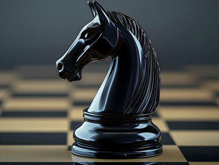 3D Black Knight Chess Piece on Chessboard