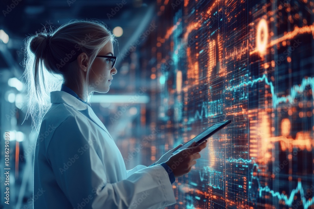 Aufkleber a doctor in a white coat examines complex digital data on a vibrant display in a well-lit medical la
