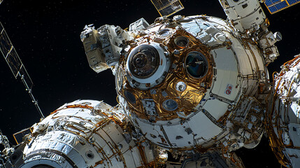 Advanced space station modules are showcased in low Earth orbit during a clear, starry night