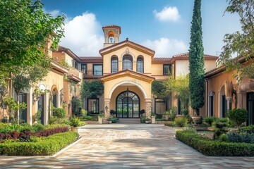 A beautiful Italian-style villa with a paved driveway leading to the front door.