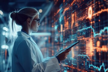 A doctor in a white coat examines complex digital data on a vibrant display in a well-lit medical laboratory setting. Generative AI