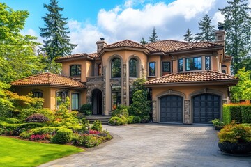 Obraz premium A beautiful, luxurious home with a large driveway, lush landscaping and a two-car garage.