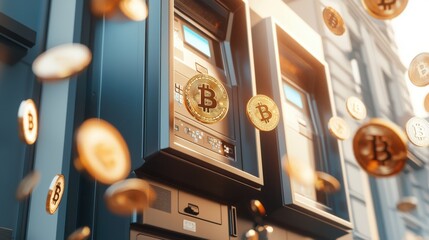 A futuristic Bitcoin ATM surrounded by floating coins, symbolizing cryptocurrency and digital finance.