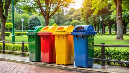 Modern colorful trash cans for recycling in the park, close-up view, recycle, waste management, separate, eco-friendly, environment