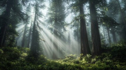 Obraz premium Serene Forest with Sunlight Filtering Through Trees