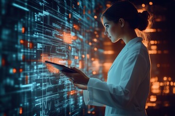 A doctor wearing a white coat is engaged in analyzing data on a tablet while surrounded by glowing digital displays in a modern lab. Generative AI