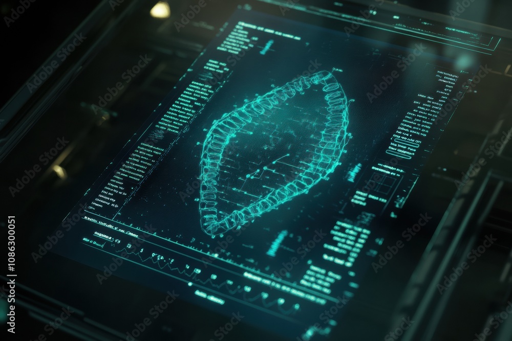 Poster a detailed digital representation of dna is prominently shown on a screen in a laboratory, highlight