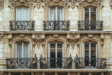 Obraz premium A close-up of the ornate facade of a building with three balconies and six windows.