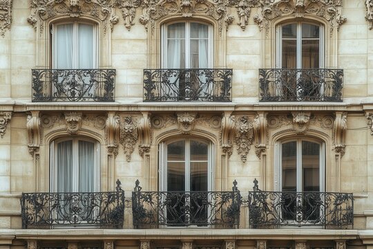 A close-up of the ornate facade of a building with three balconies and six windows.