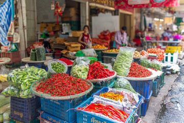 Vegetables on a stall,  Pak Khlong Talad vegetable market in Bangkok, Thailand