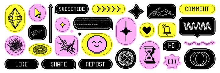 Trendy bitmap sticker asset pack. Y2k pixel art, pixelated geometric element and text quote. Vector elements on transparent background like a png.