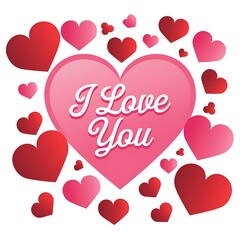 Pink Heart Surrounded by Smaller Red and Pink Hearts Saying I Love You