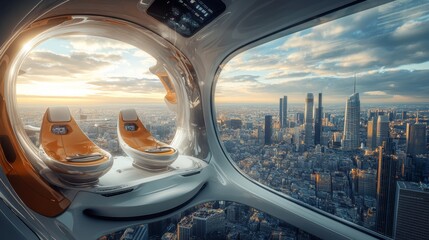 Fototapeta premium Futuristic Air Travel Passengers in Modern Aircraft Cabin Over New York City Skyline at Sunset.