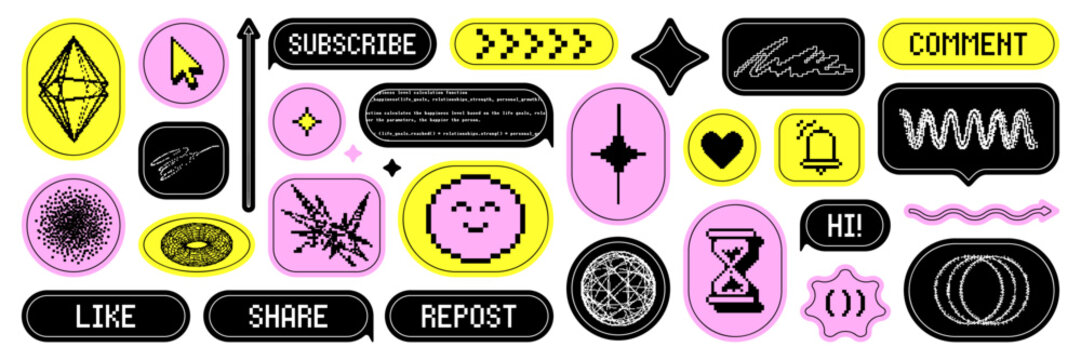 Trendy bitmap sticker asset pack. Y2k pixel art, pixelated geometric element and text quote. Vector elements on transparent background like a png.