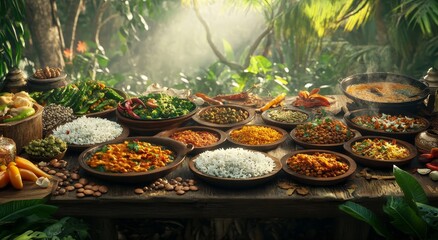 A table laden with an assortment of Indian dishes, including curries, rice, lentils, and vegetables, set in a lush jungle setting.