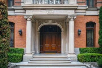 A grand entrance to a building with a double wooden door, surrounded by white columns, stone steps and a brick facade.