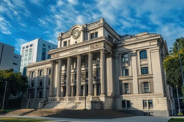Obraz premium A grand, historic courthouse with ornate columns and a clock tower, against a clear blue sky.