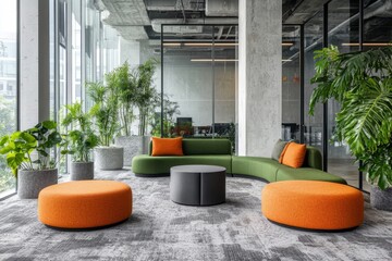 Modern office lounge with curved sofa, orange ottomans, grey coffee table, green plants, and large windows.