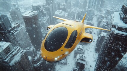 Yellow Futuristic Flying Car Hovering Above Snow-Covered Cityscape, Urban Air Mobility, Concept