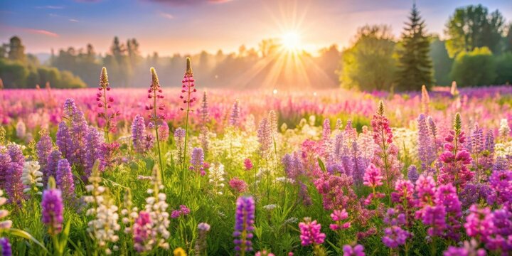 Idyllic summer flower meadow with pink wildflowers and lilac bushes under morning sunlight